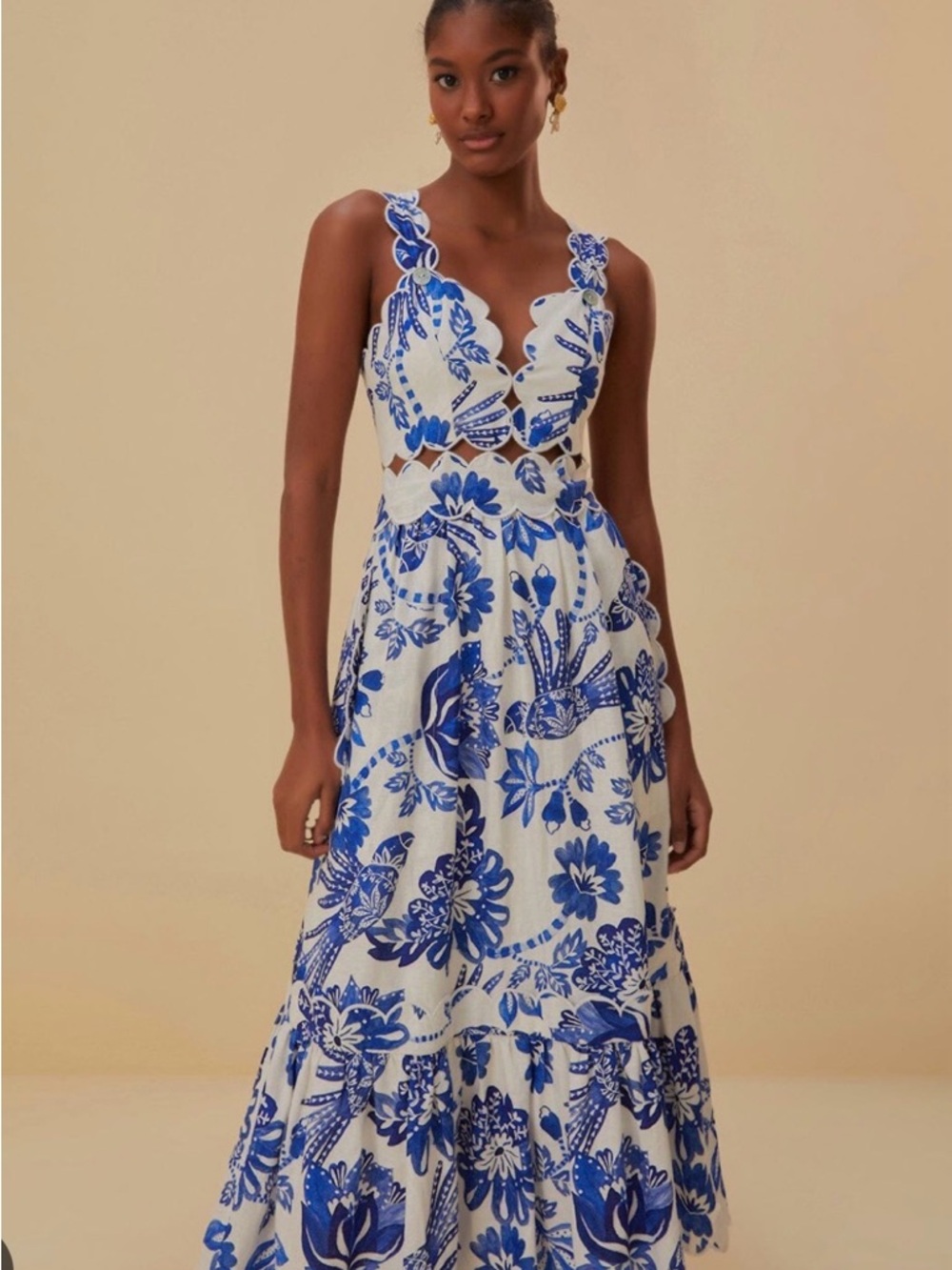 FARM Rio Blue/White Flowerful Birds Midi Dress